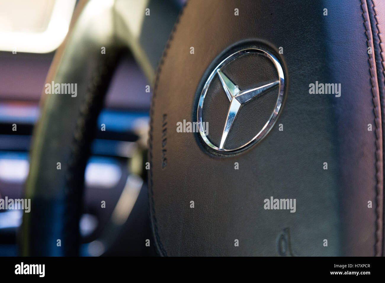 Interior (Designo) of used Mercedes-Benz S-Class S350 long (W221) car stand on a street in Mytishchi District in Moscow Oblast, Stock Photo