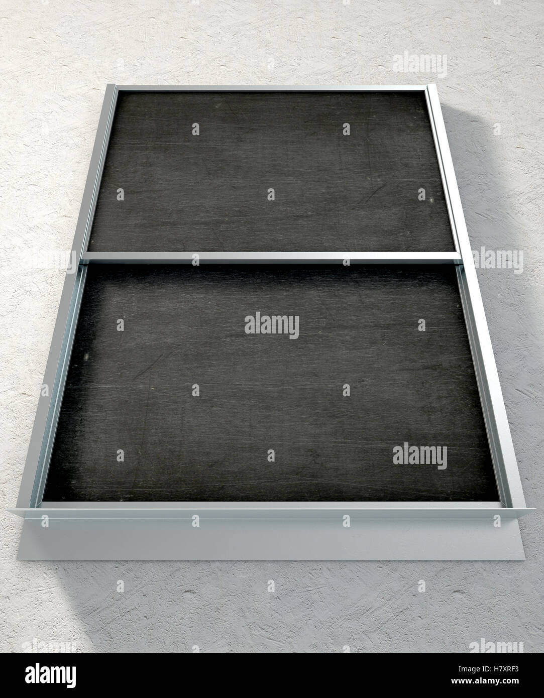 A 3D render of a rectangular black chalkboard with a metal frame split into two sections with a wooden ledge chalk and a duster Stock Photo