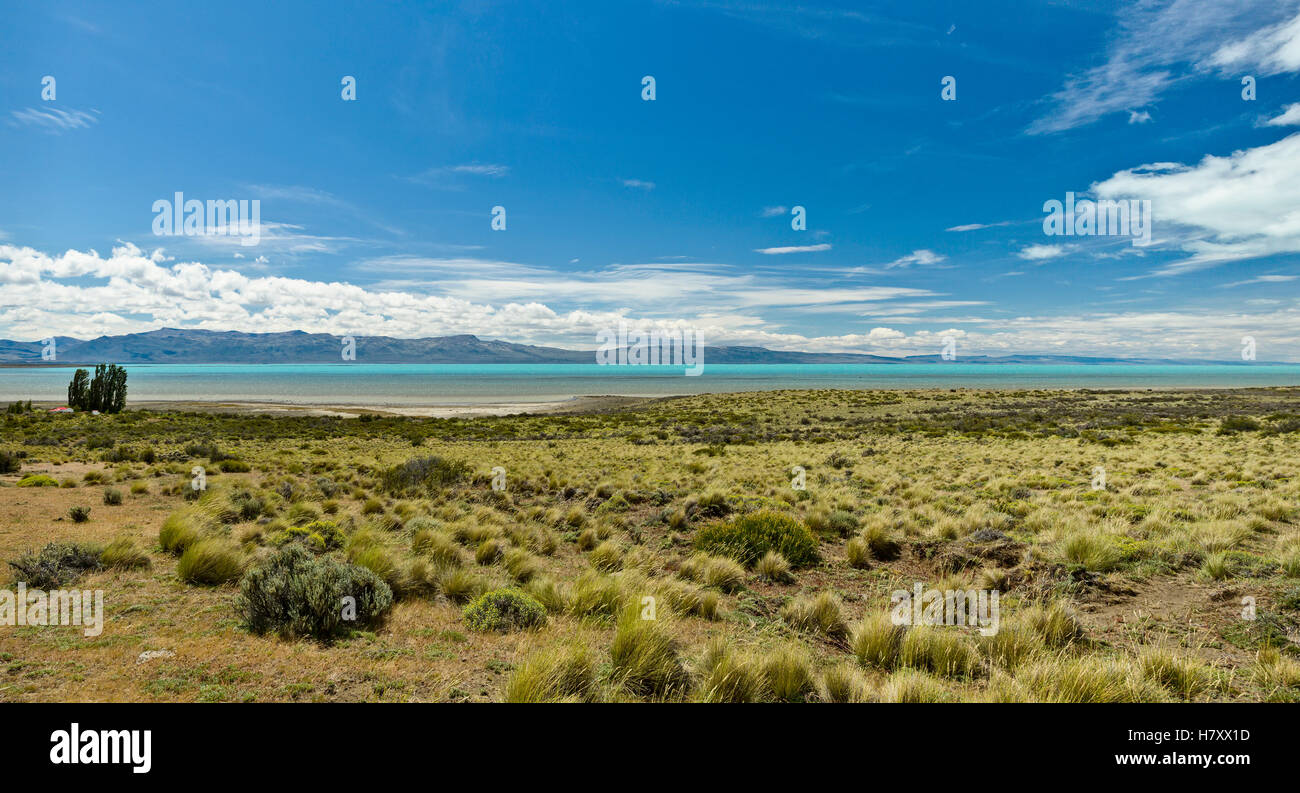 Lago Argentino amidst the pampas of the Patagonian province of Santa Cruz is the biggest freshwater lake in Argentina; Santa Cruz Province, Argentina Stock Photo