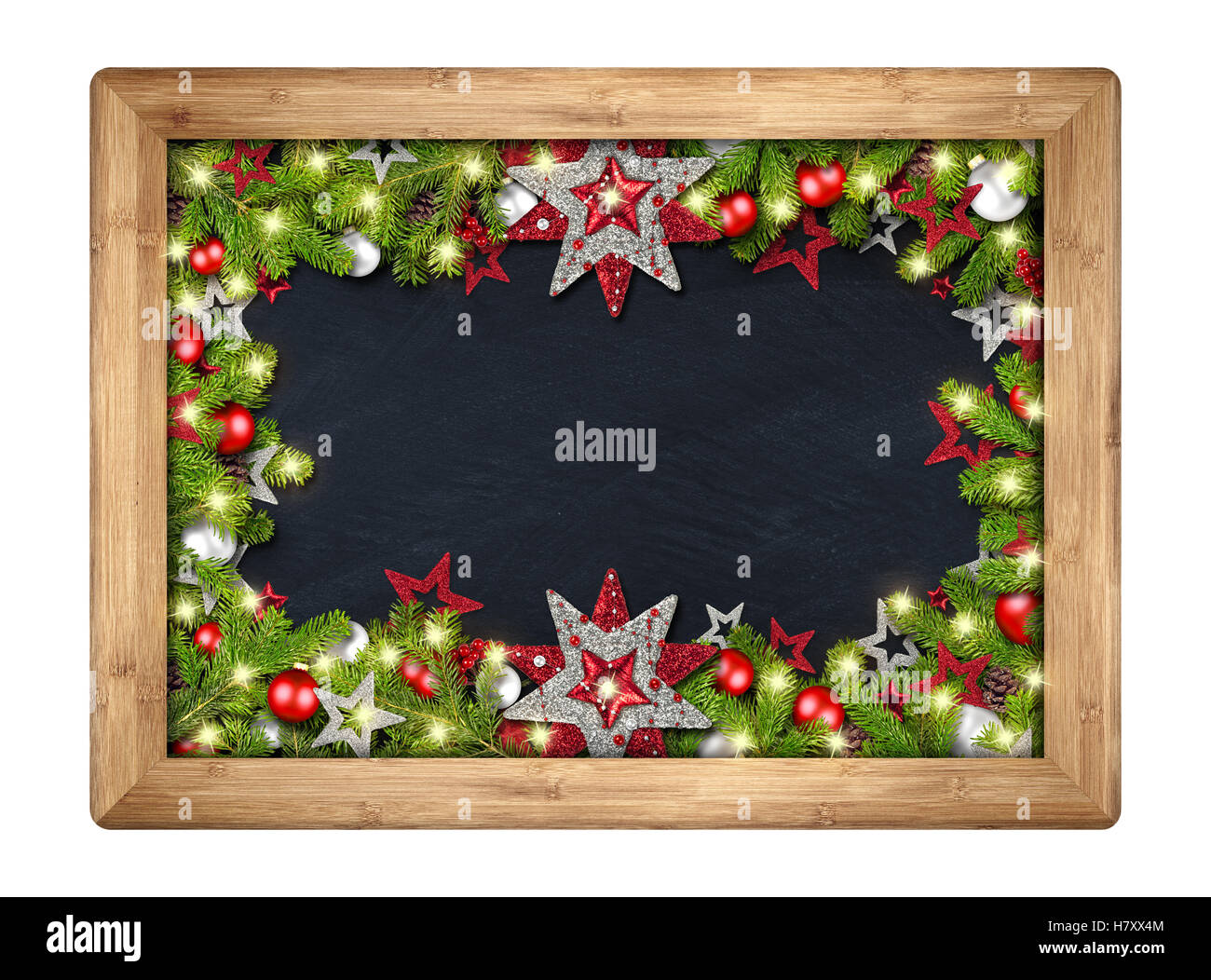 decorated christmas xmas blackboard chalkboard with wood frame fir branches christmas decoration red silver Stock Photo