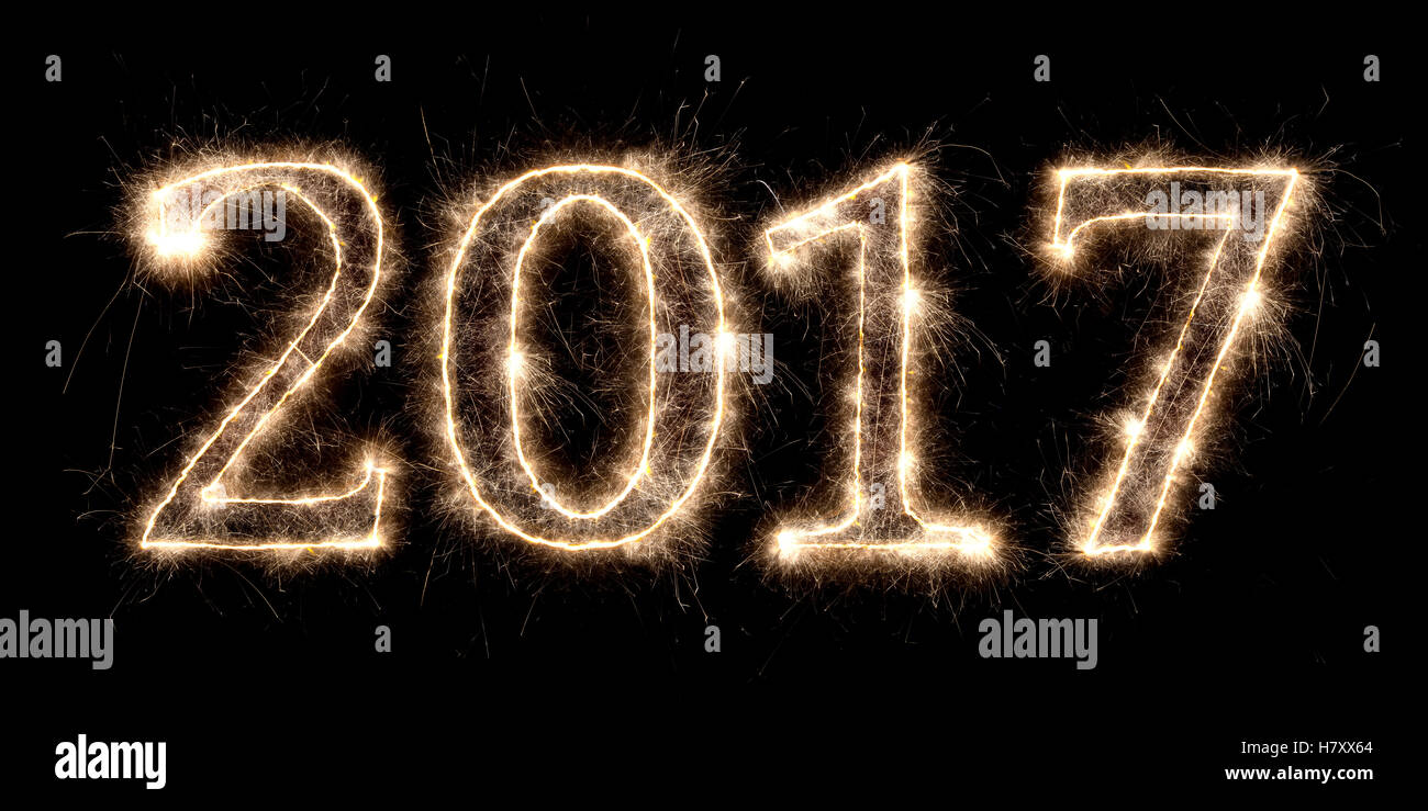 2017 firework sparkler bright glowing new years eve font lettering number date Stock Photo
