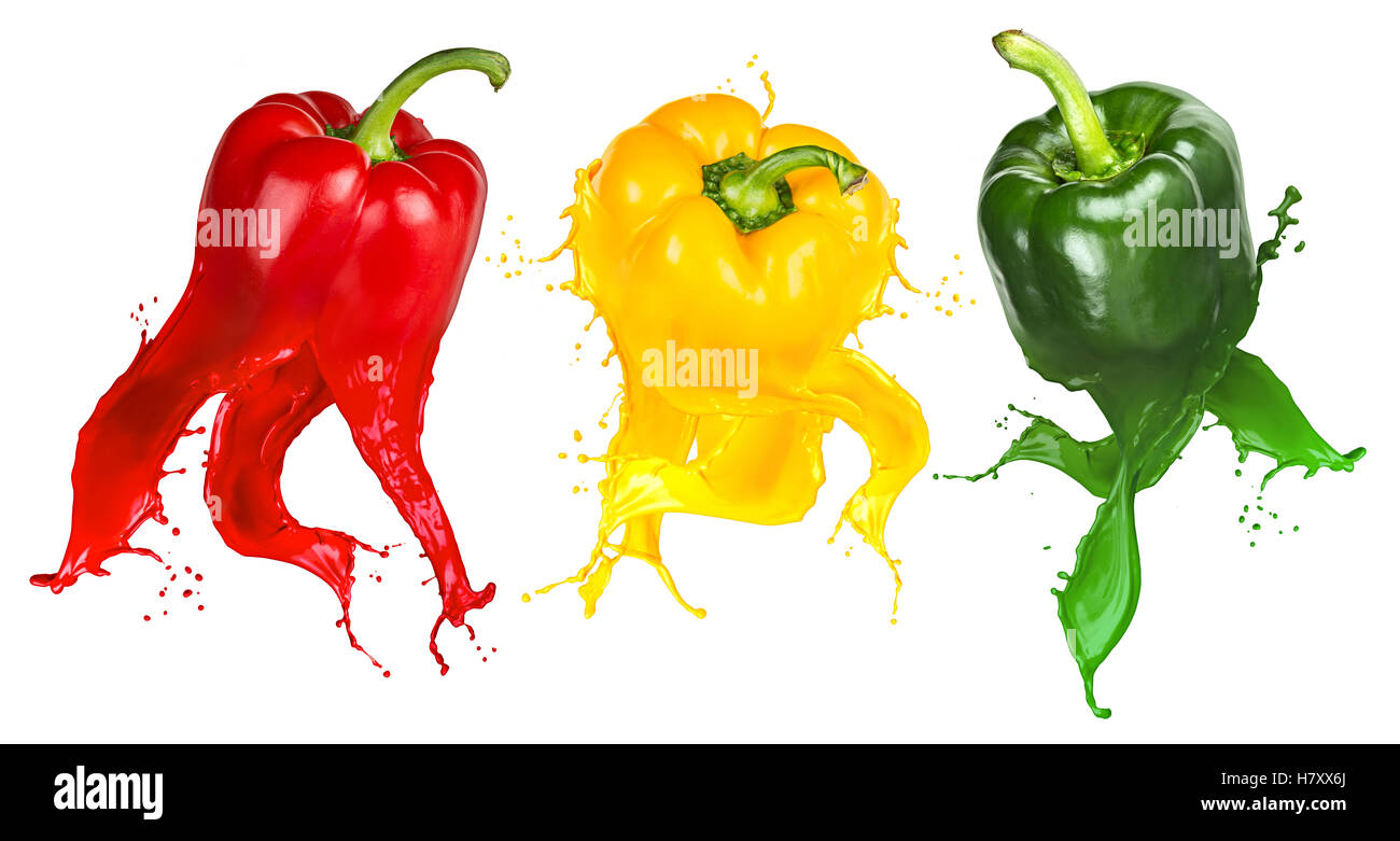 abstract red yellow green vegetable paprika sweet pepper color paint splash isolated on white background Stock Photo