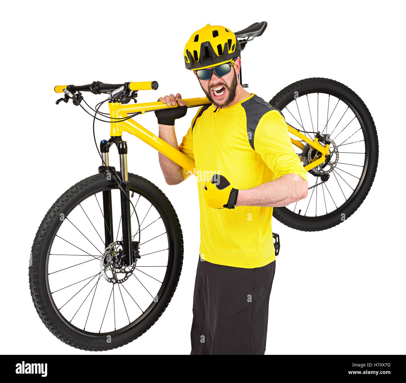 young cyclist with beard and yellow mountain bike on his shoulder isolated on white background Stock Photo