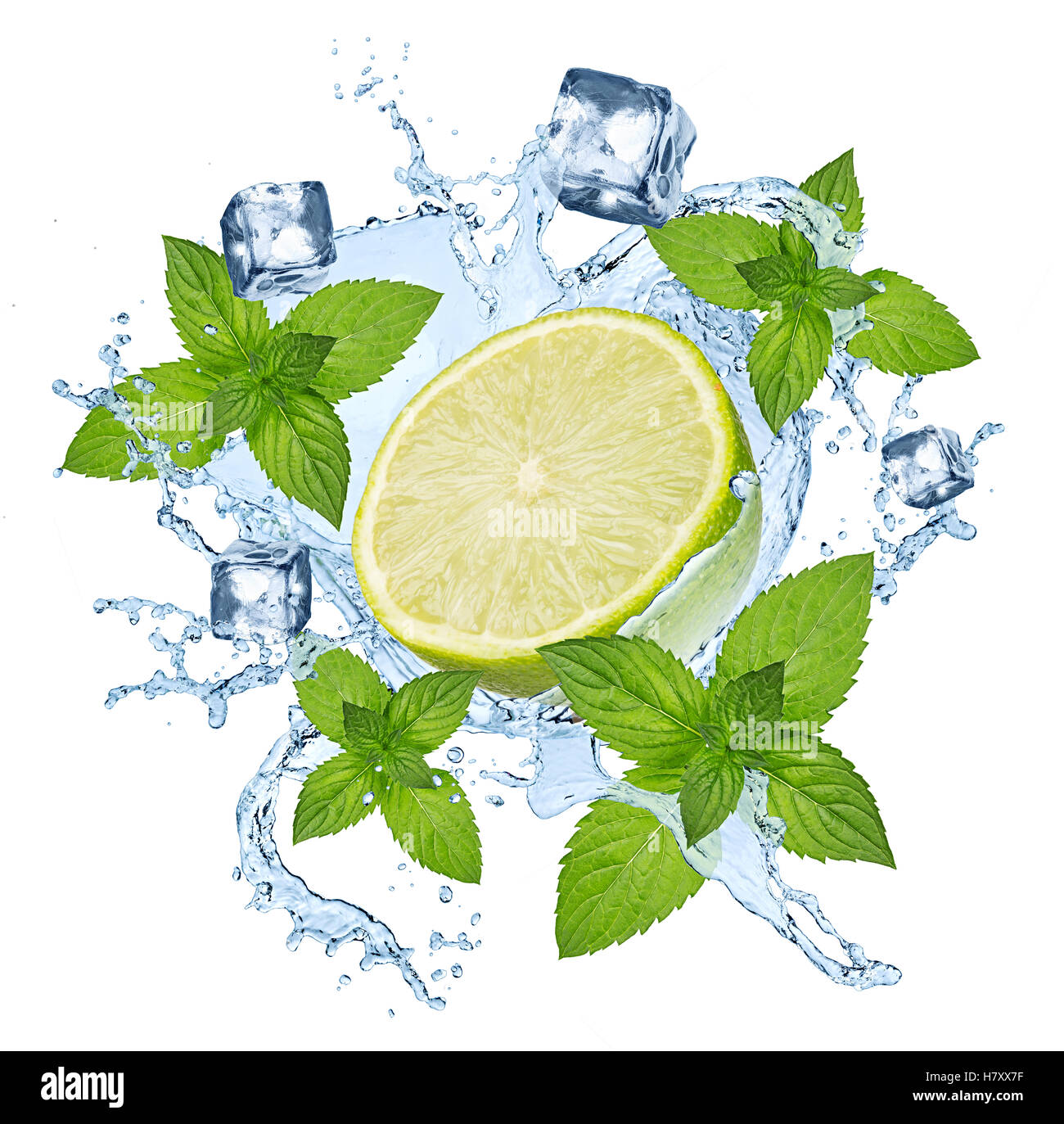 abstract lime mint bevrage water splash isolated on white background Stock Photo