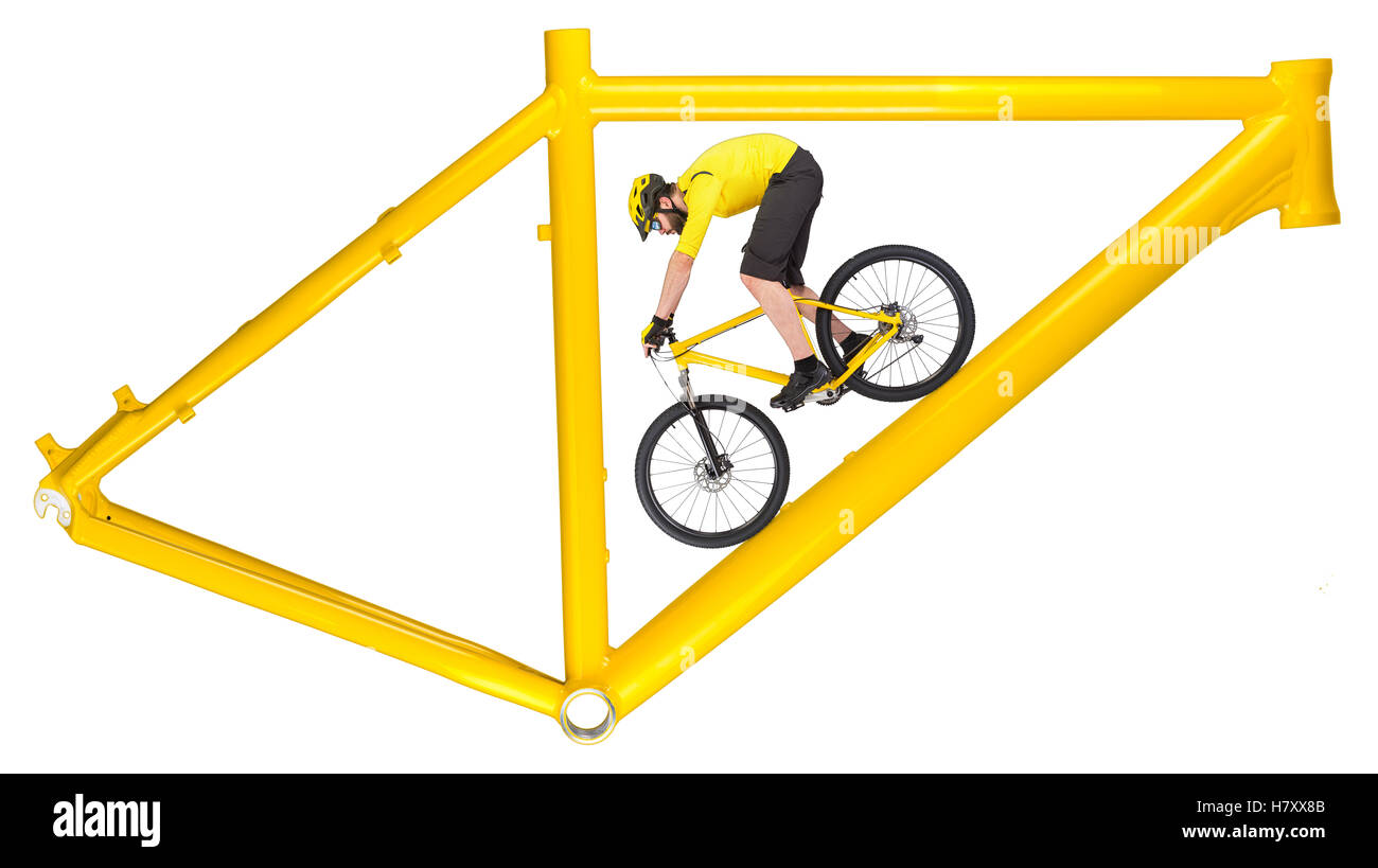 yellow mountain bike bicycle frame concept with cyclist riding downhill the lower tube  isolated on white background Stock Photo