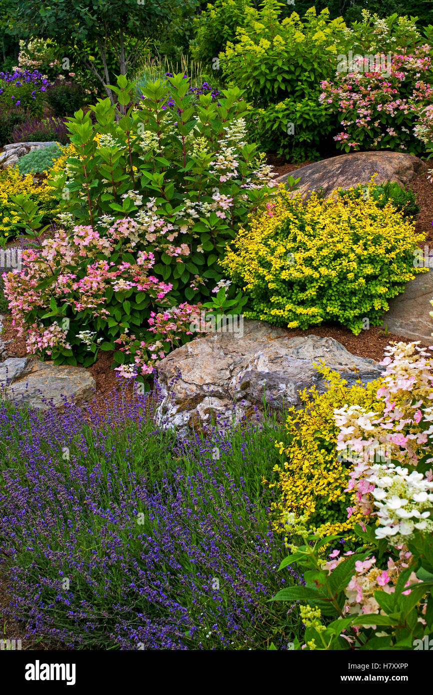 Rock garden and colourful blossoming plants; Knowlton, Quebec, Canada
