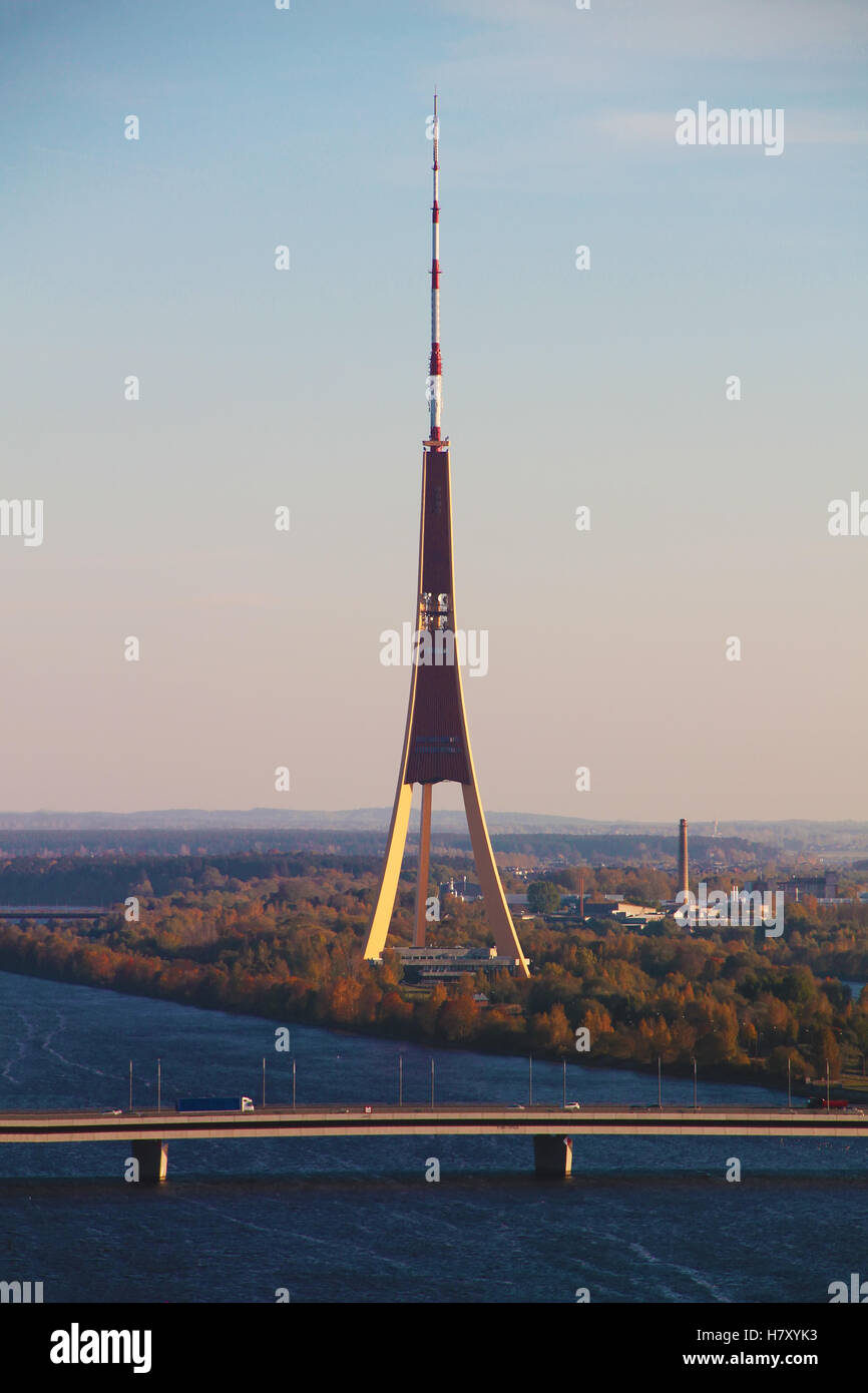 Latvia, Riga Radio and TV Tower sky view from the tower of church Stock Photo