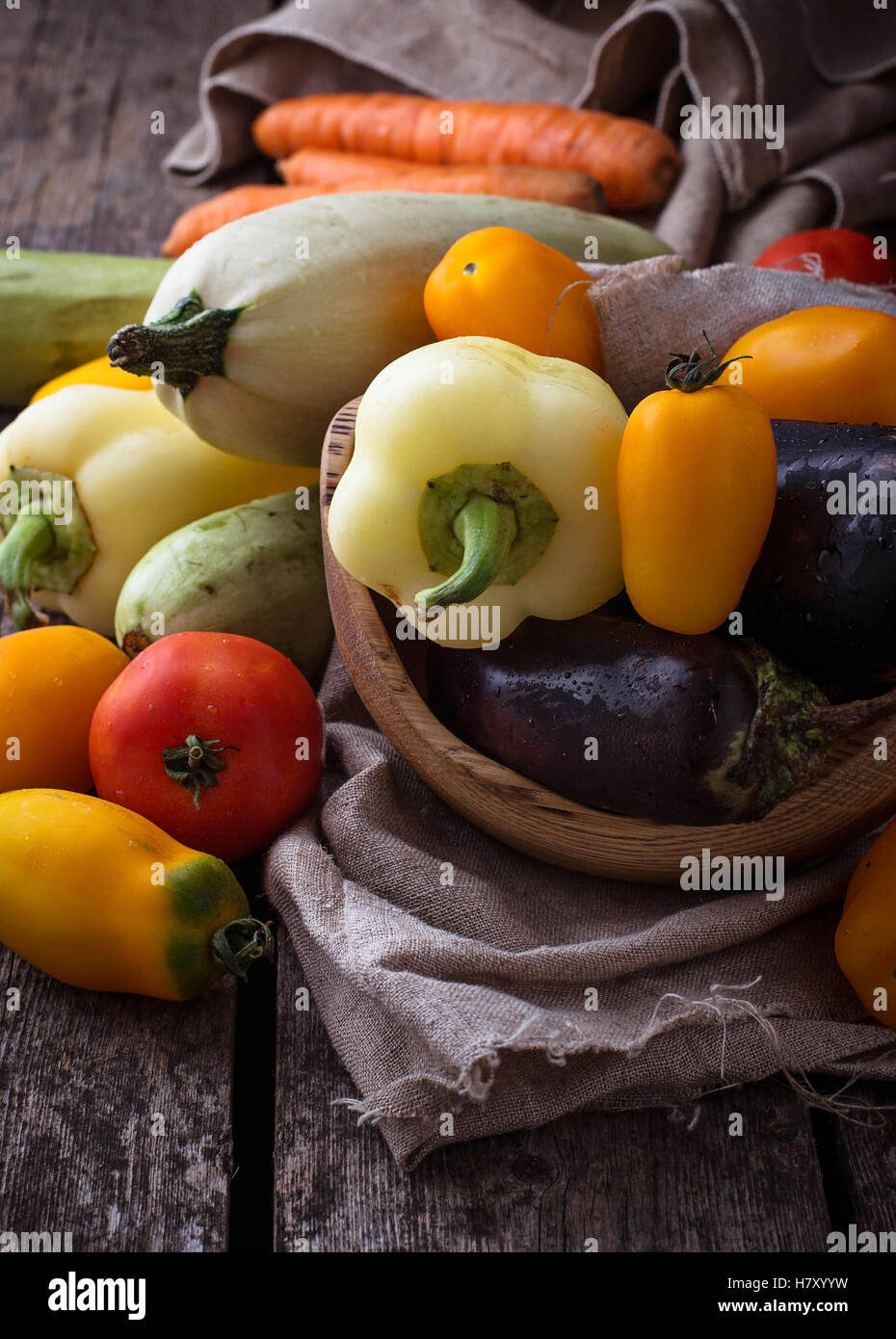 Fresh vegetable, zucchini, eggplant, tomato, pepper. Selective focus Stock Photo