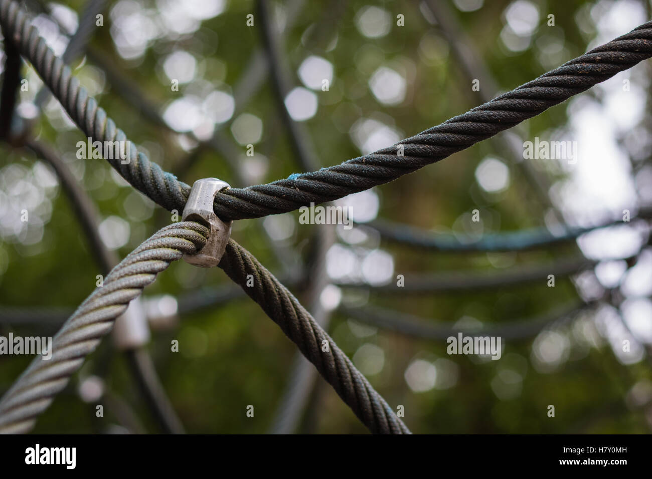 sports climbing safety rope with iron knot under tension Stock Photo