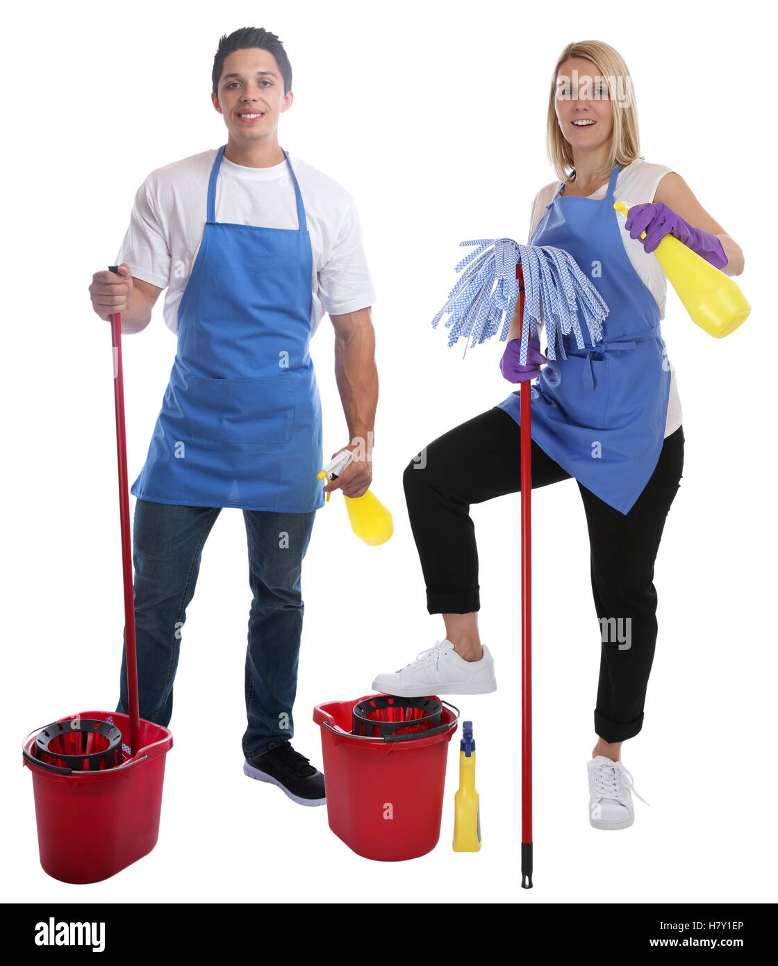 Cleaning lady person service cleaner woman man job occupation full body portrait young people isolated on a white background Stock Photo