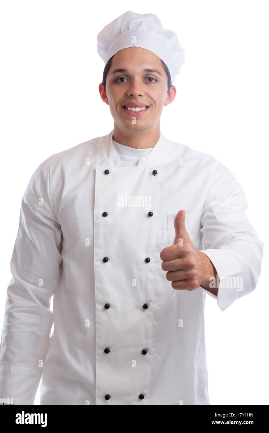 Cook apprentice trainee cooking thumbs up job young man isolated on a ...