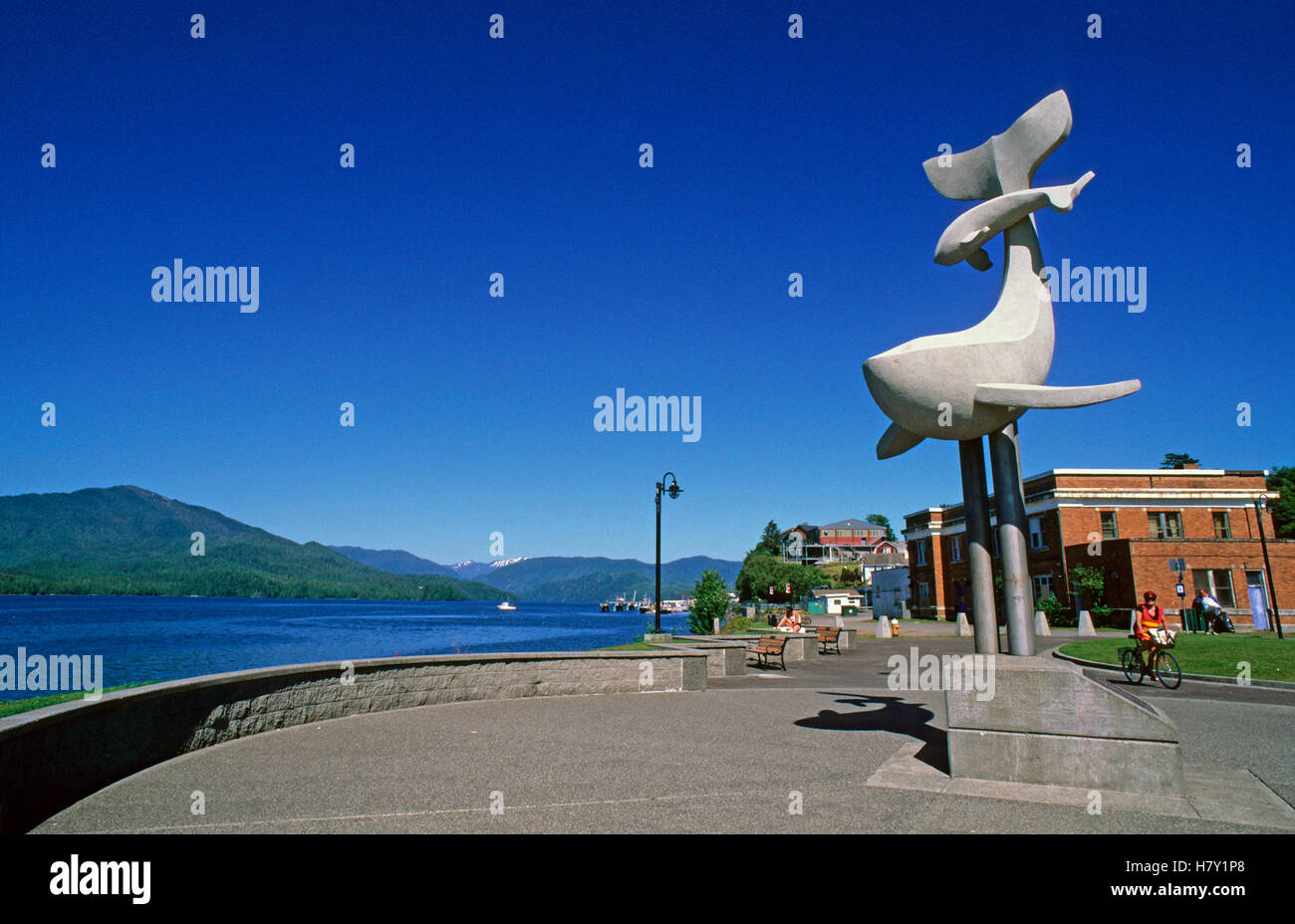 Sculpture of whale with cub at the promenade of Prince Rupert, British Columbia, Canada Stock Photo