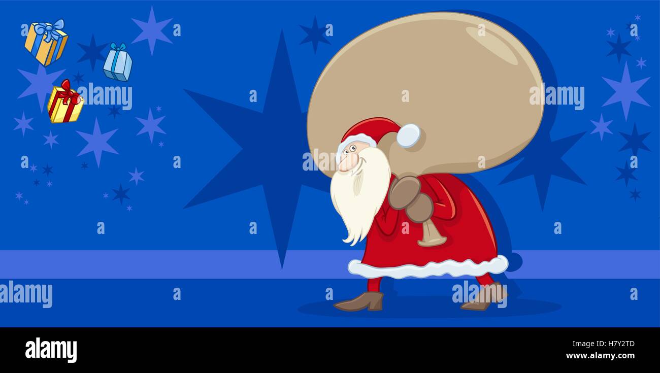 Greeting Card Cartoon Illustration of Santa Claus with Bag of Presents ...