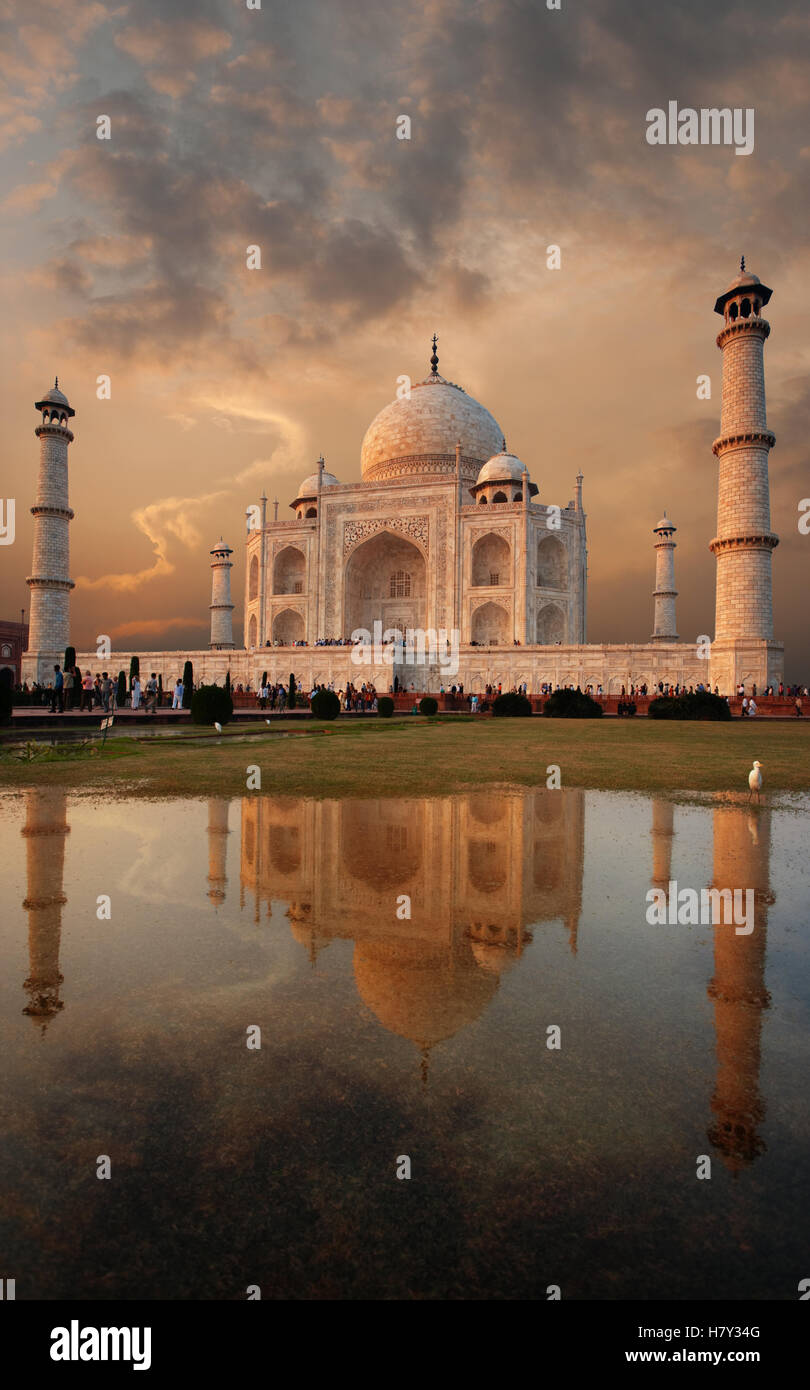 Iconic Taj Mahal And Colorful Sunset Sky Reflected In A Puddle Of Water On Front Lawn In Evening At Agra Uttar Pradesh India Stock Photo Alamy