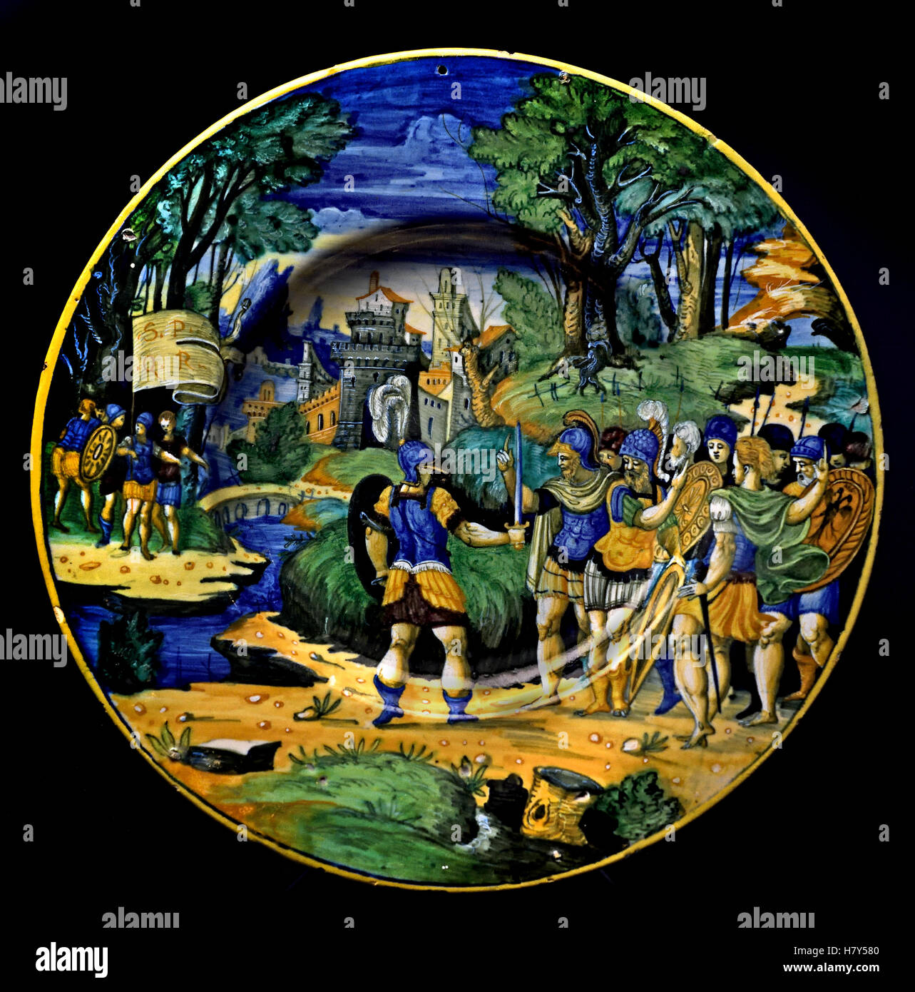 .Plate with ancient warriors 1540-1550 workshop of the Fontana family with 16th century, Urbino,  Italy, Italian. Stock Photo