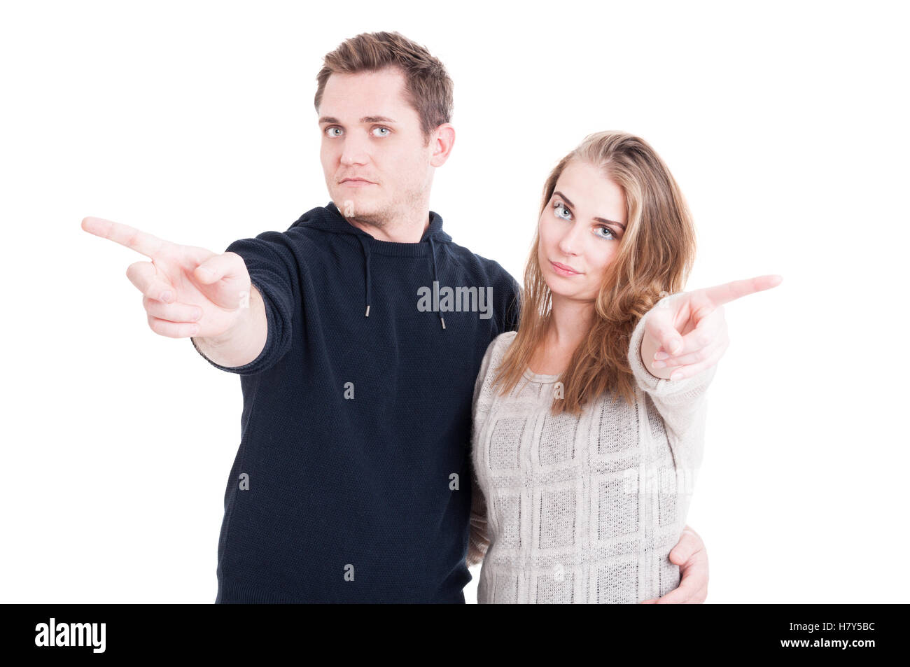 Couple posing and showing no gesture with index finger wearing autumn clothes isolated on white background with copy text space Stock Photo