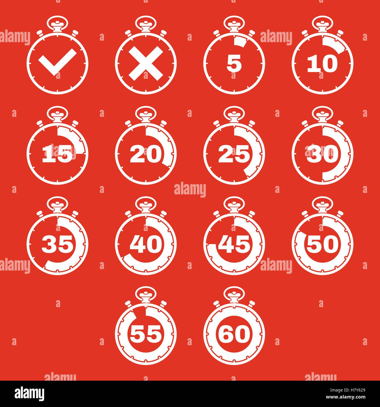 The stopwatch icon, set of 14 icons. Clock and watch, timer, countdown ...