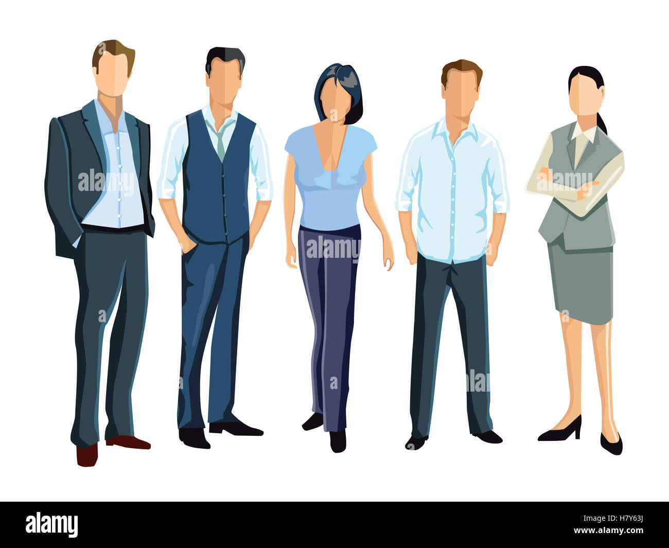 five persons and employees stand together Stock Photo