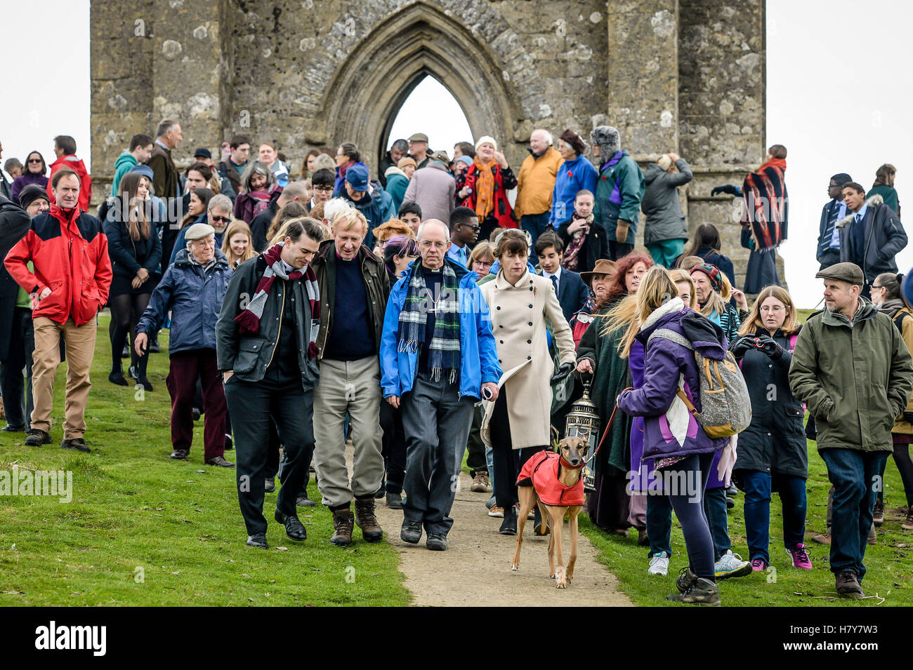 The Archbishop of Canterbury, the Most Rev Justin Welby walks around Glastonbury Tor accompanied by local clergy, parishoners and people of other faith and spiritual groups during his visit to the Somerset area. Stock Photo