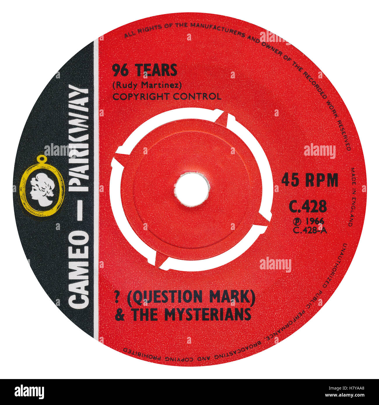 45 RPM 7' UK record label of 96 Tears by ? (Question Mark) and the Mysterians on the Cameo-Parkway label from 1966 Stock Photo