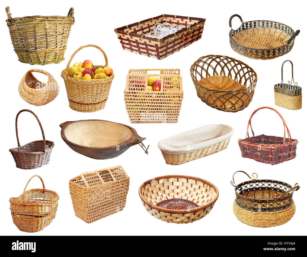 collection of wicker baskets isolated over white background Stock Photo
