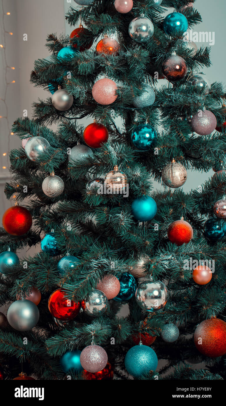 Beautiful background decorated Christmas tree with toy balls and ...