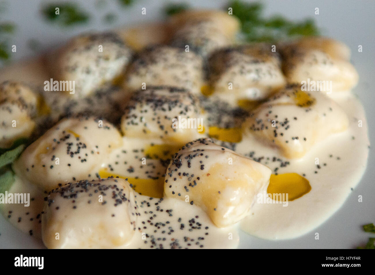 Italian pasta Gnocchi with truffle sauce, pepper and oil Stock Photo
