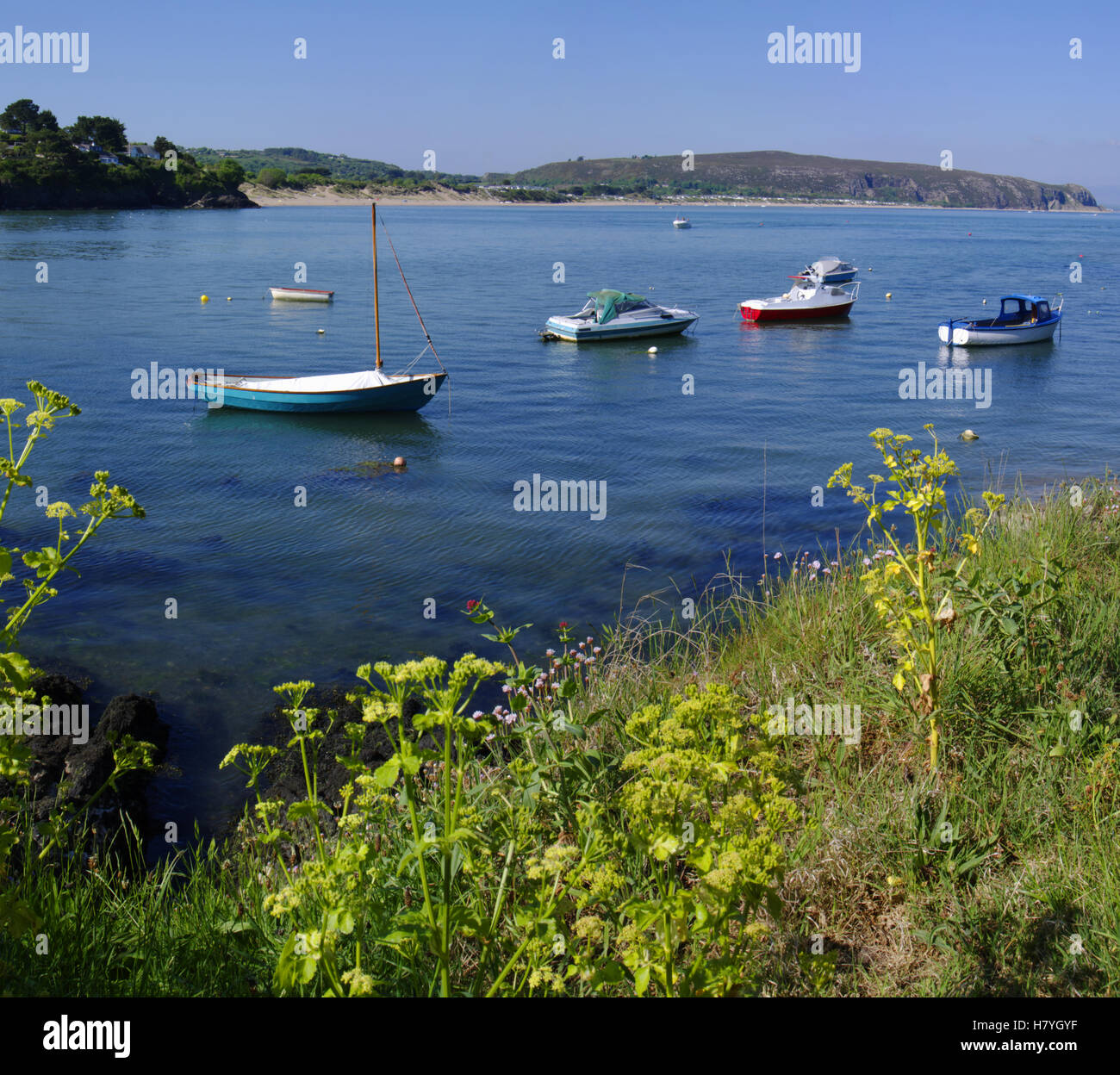 Boats moored in Abersoch Harbour, Wales, Stock Photo