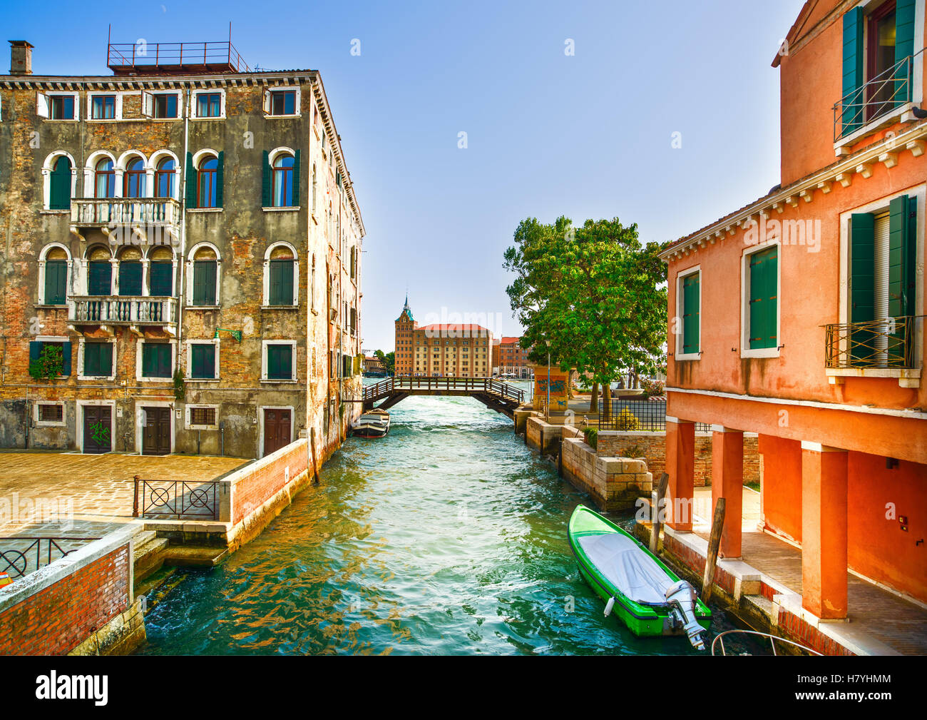 Venice cityscape, boats, water canal, bridge and old traditional buildings. Italy, Europe. Stock Photo