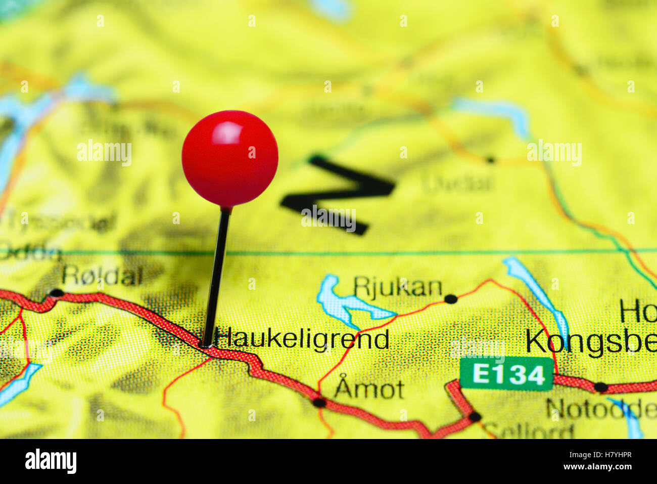 Haukeligrend pinned on a map of Norway Stock Photo