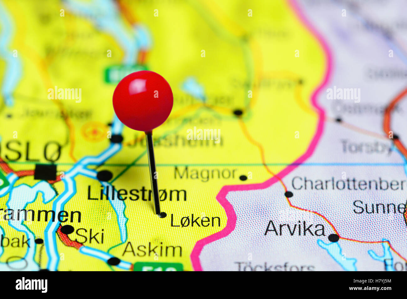 Loken pinned on a map of Norway Stock Photo