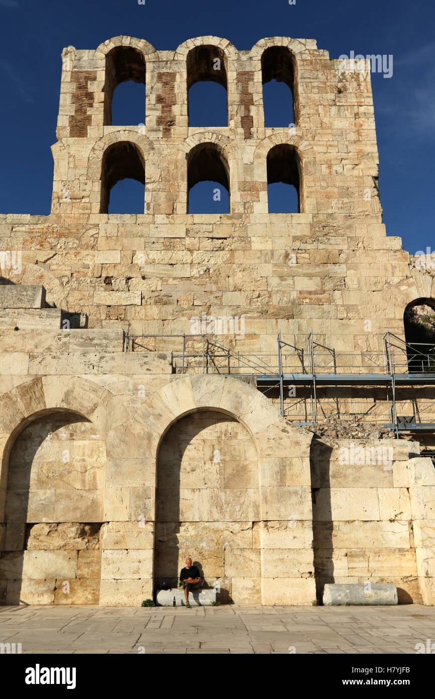 The Odeon of Herodes Atticus, known as the "Herodeon", situated on the southern slopes of the Acropolis, in Athens, Greece. Stock Photo