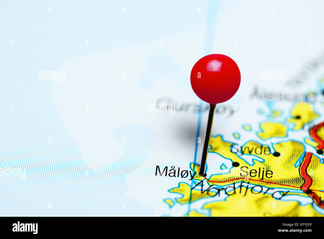 Maloy pinned on a map of Norway Stock Photo