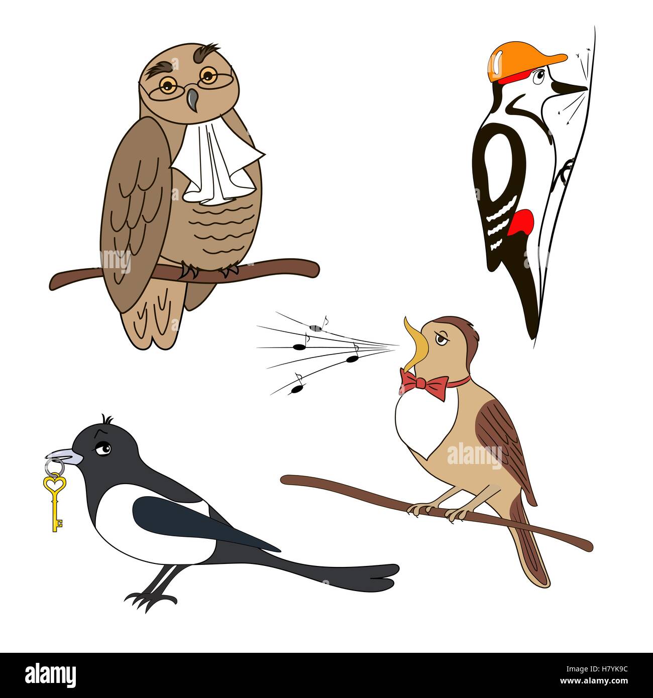Set of cartoon birds. Owl, woodpecker, magpie, nightingale. Stock Vector