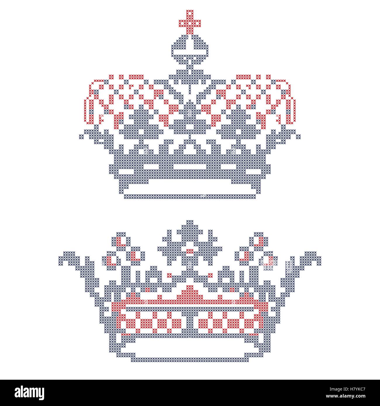 Design elements for cross-stitch embroidery. Crowns. Vector illustration. Stock Vector