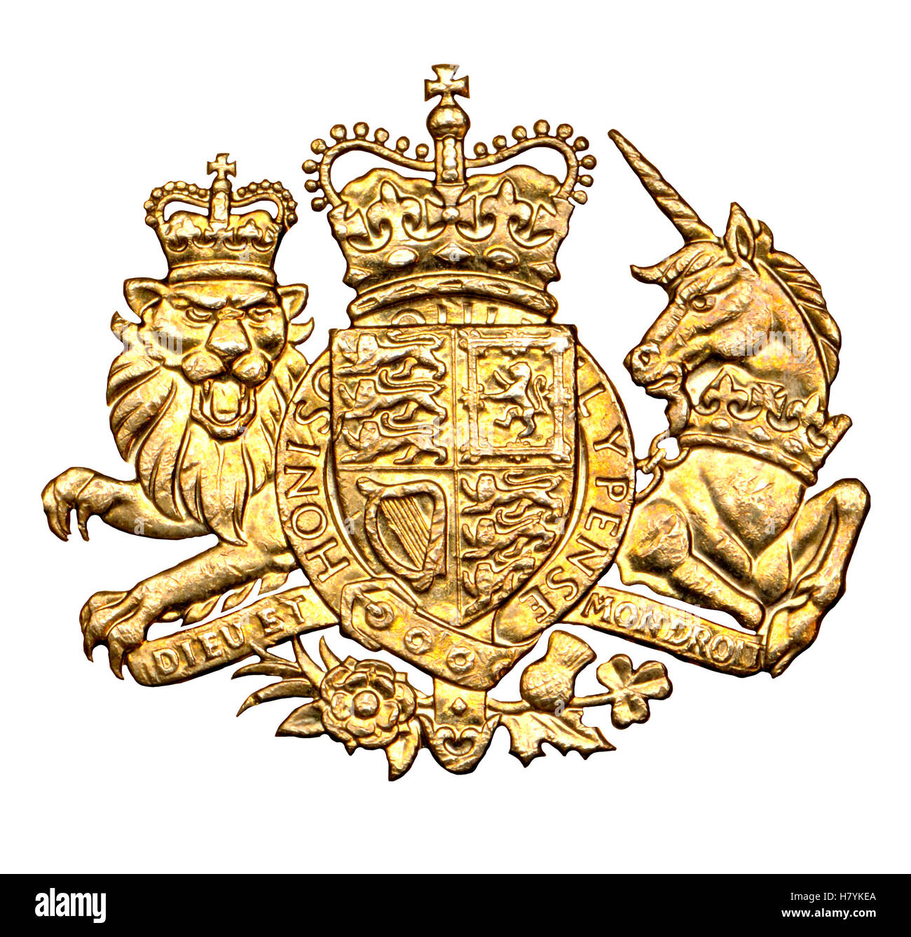 United Kingdom coat of arms, cut-out from a British £1 coin Stock Photo