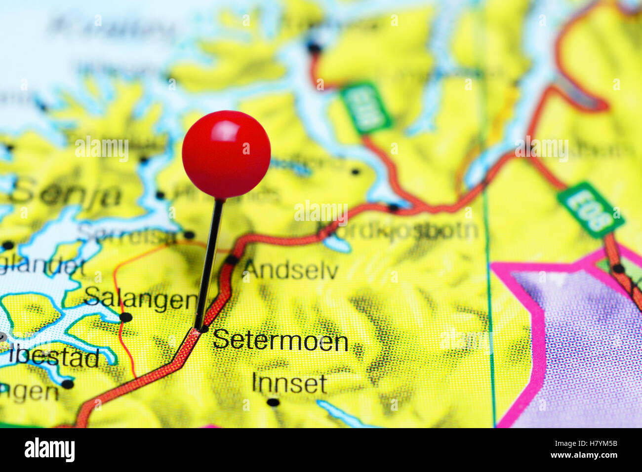Setermoen pinned on a map of Norway Stock Photo