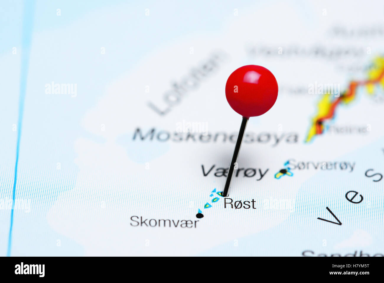 Rost pinned on a map of Lofoten Islands, Norway Stock Photo