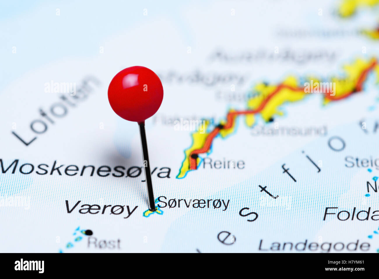 Sorvaeroy pinned on a map of Lofoten Islands, Norway Stock Photo