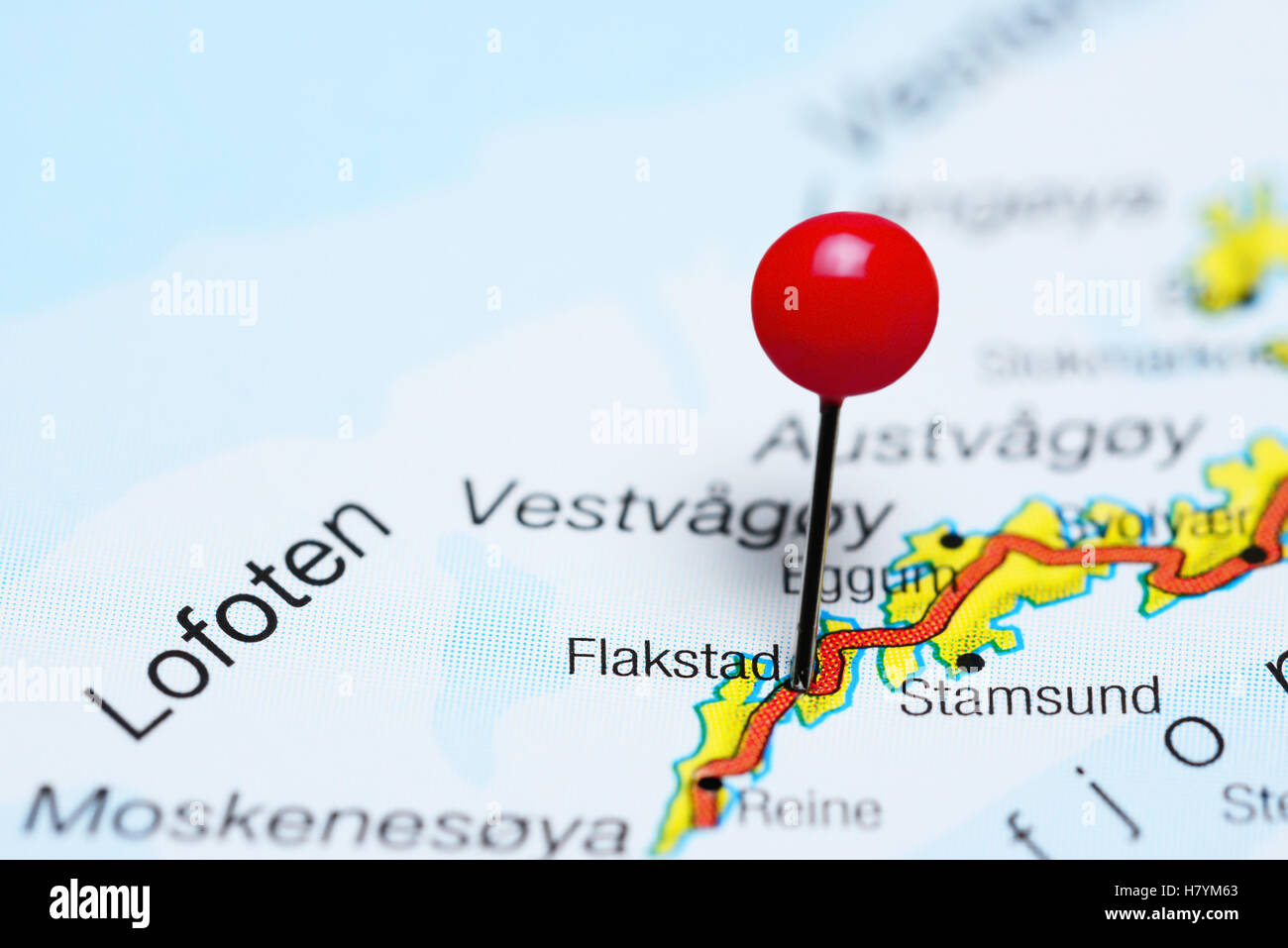 Flakstad pinned on a map of Lofoten Islands, Norway Stock Photo