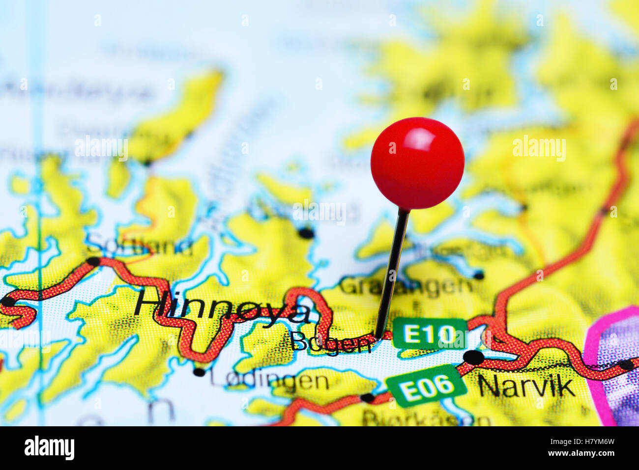 Bogen pinned on a map of Norway Stock Photo