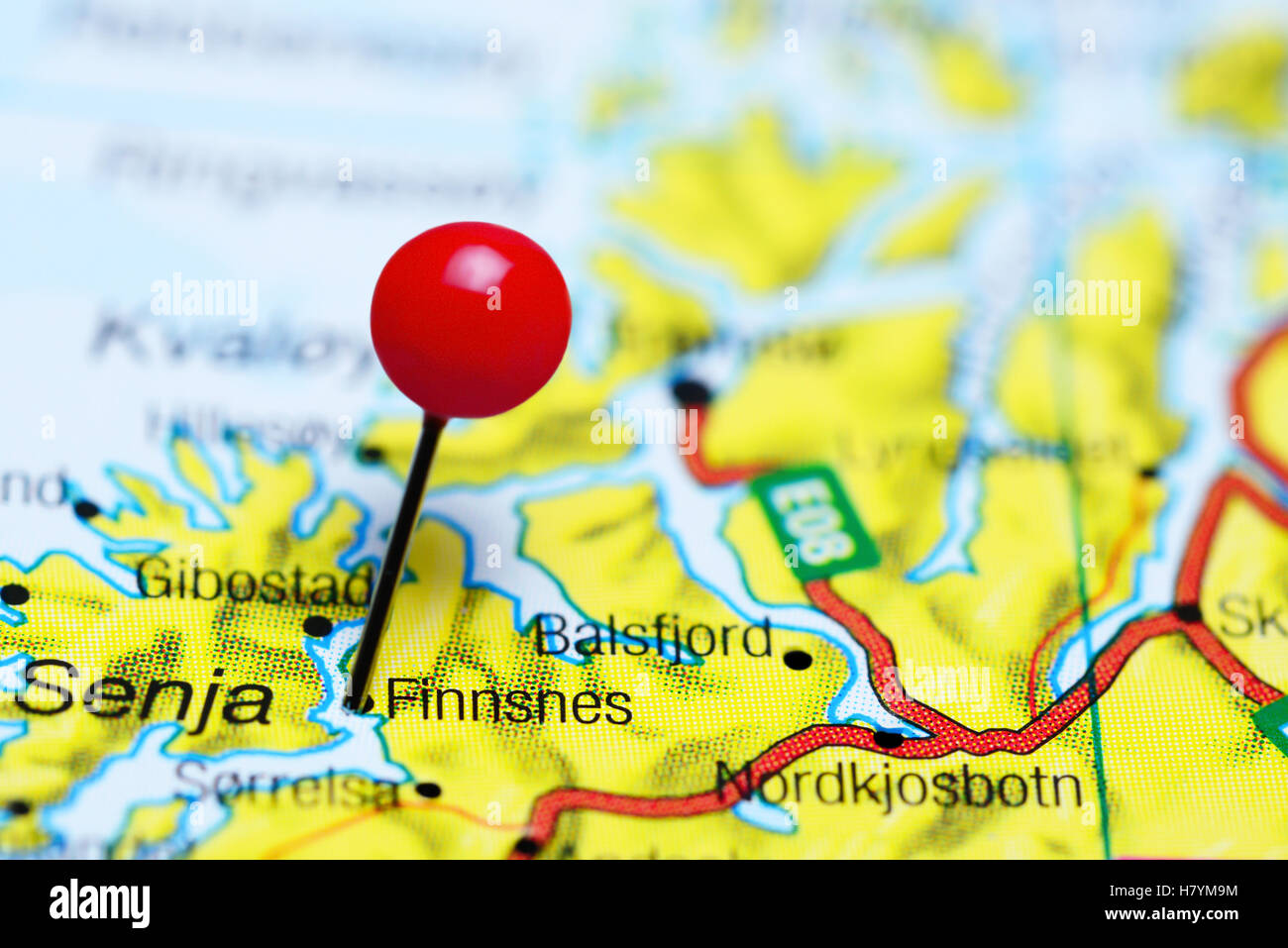 Finnsnes pinned on a map of Norway Stock Photo