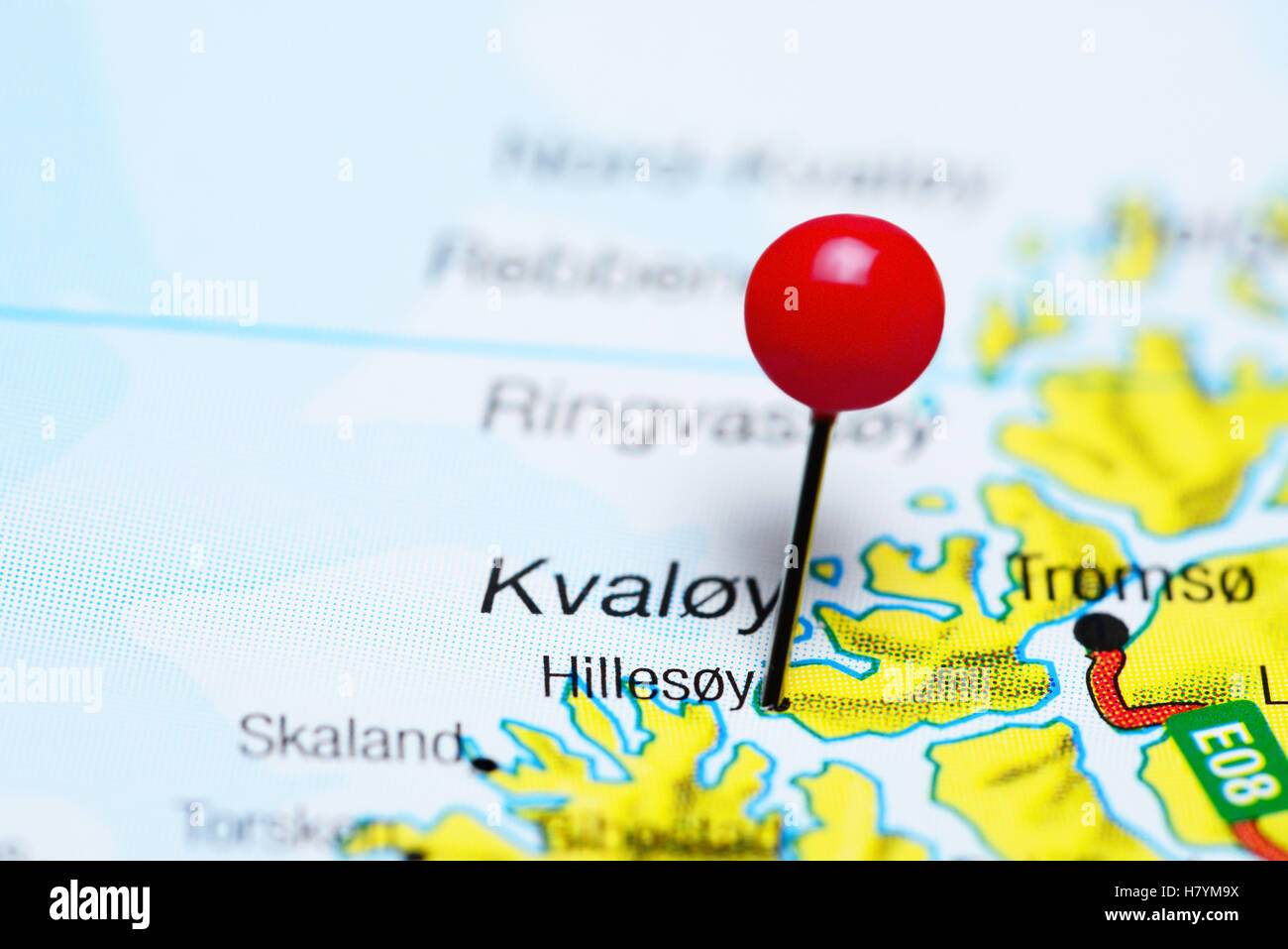 Hillesoy pinned on a map of Norway Stock Photo