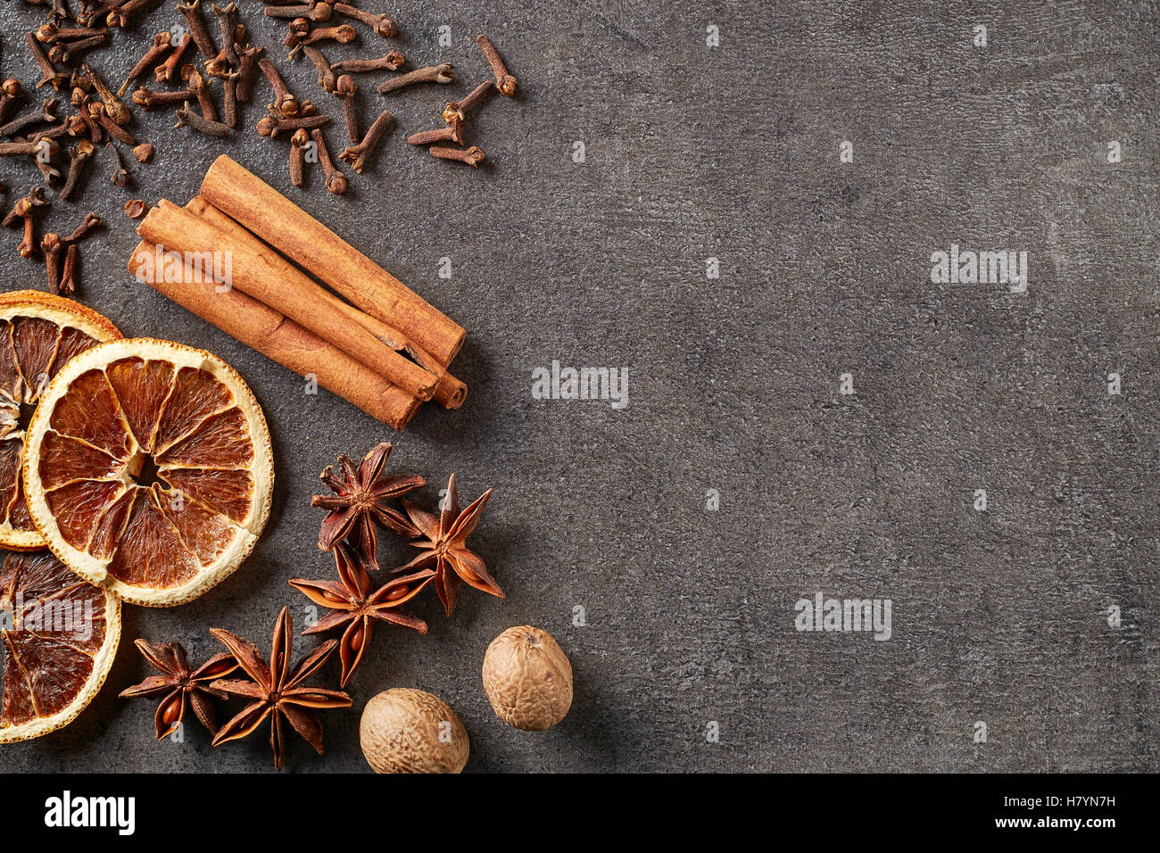 Christmas spices and ingredients for christmas cookies, top view Stock Photo