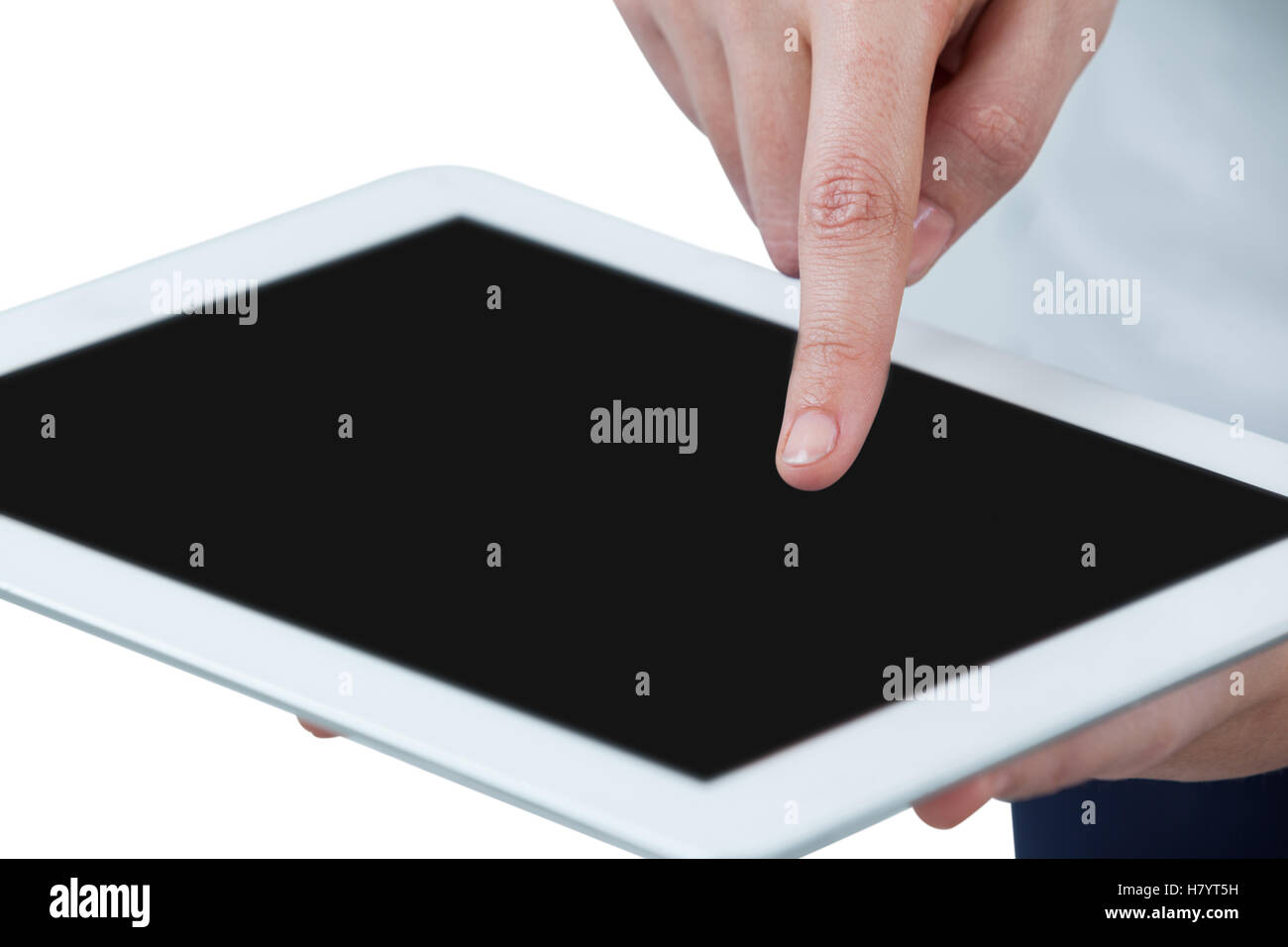 Hands using digital tablet against white background Stock Photo - Alamy