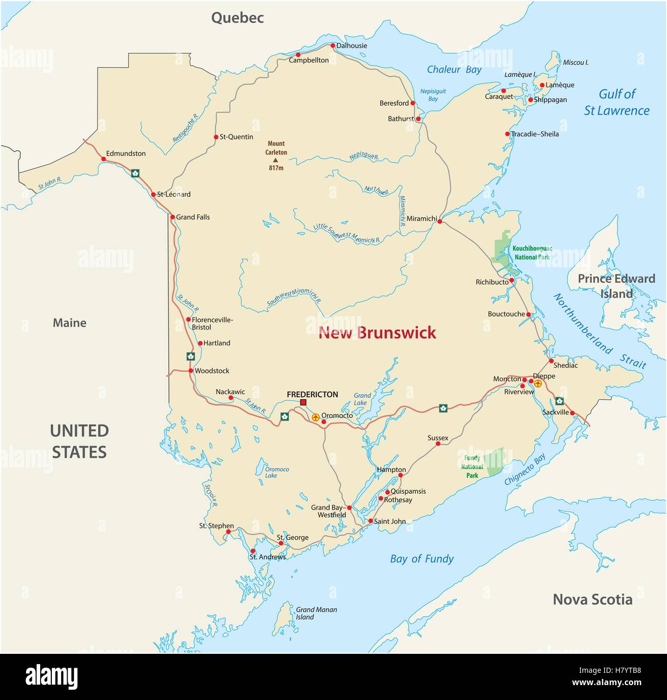 Road map of the atlantic canada province new brunswick Stock Vector
