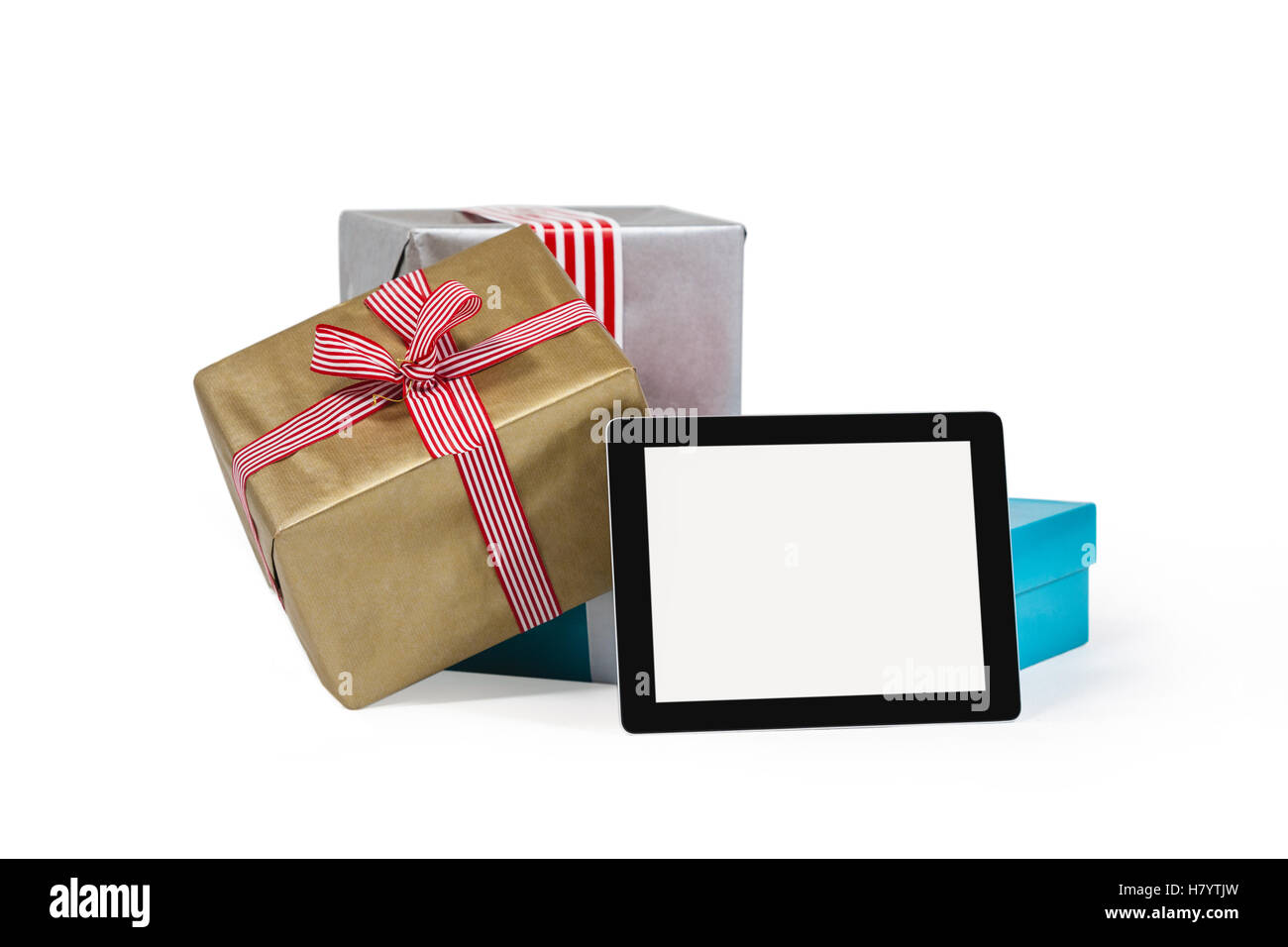 Christmas presents with digital tablet Stock Photo Alamy