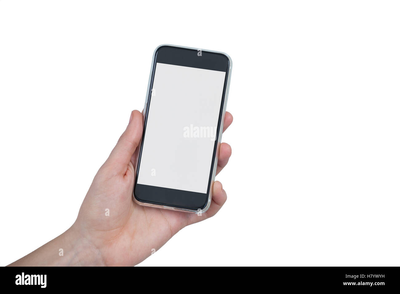 Hand holding mobile phone against white background Stock Photo - Alamy