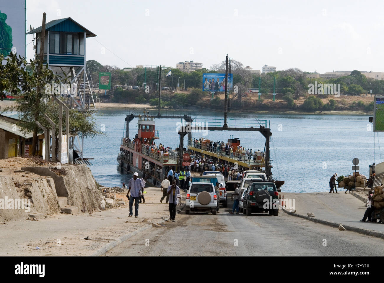 Likoni ferry carrying road and foot traffic in Mombasa, Kenya, Africa Stock Photo