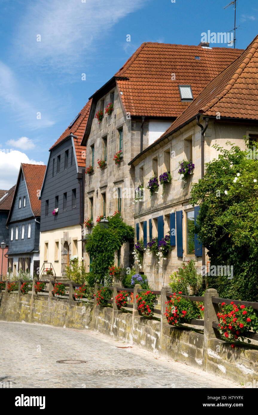 Slate-tiled sandstone buildings along the Oberen Markt in Thurnau, Franconian Switzerland, Franconia, Bavaria Stock Photo